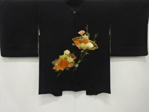 金彩　手描き　地紙に若松・竹笹模様　刺繍　一つ紋絵羽織